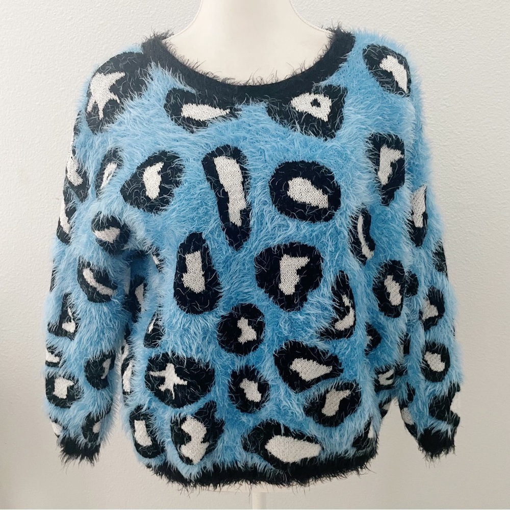 Raga blue fuzzy shaggy leopard sweater size small